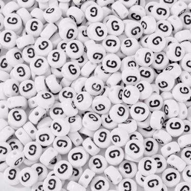 Imagem de Spritewelry 500 peças de contas de acrílico com letra branca inicial glphabet contas planas redondas G com orifício horizontal para artesanato faça você mesmo pulseira colar chaveiro cordão