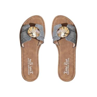 Imagem de OYOANGLE Sandálias femininas com fivela dourada, bico aberto, sandálias rasteiras elegantes para férias, Cinza claro, 38