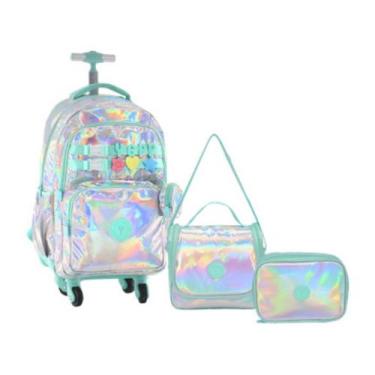 Imagem de Kit Mochila 20 Efeito Holográfico Feminina Luxo Juvenil 4 Rodinhas 360