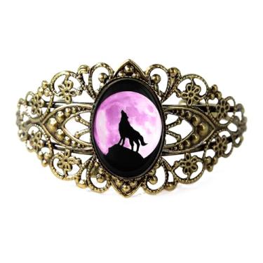 Imagem de Pulseira de filigrana de lobo - Animal, espírito uivando para a lua, prata bronze antigo ou preto, joia de vidro vintage vitoriana feita à mão - 23-CB, Adjustable, Vidro, Sem Pedra Preciosa