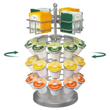 Imagem de EsLuker.ly K Porta-copos organizador de cápsulas de café carrossel para bancada, suporte giratório de metal de 4 camadas para xícaras e saquinhos de chá de 30 K, conveniência encontra elegância, prata