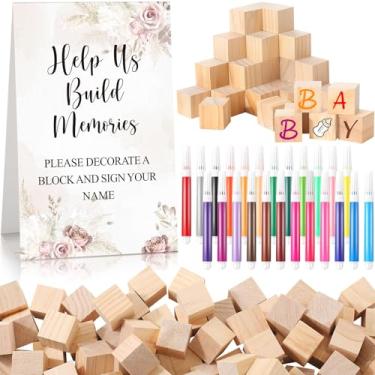 Imagem de Dinifee Conjunto de 125 peças para decorar um jogo de blocos para chá de bebê, inclui placa Help Us Build Memories, 100 blocos de madeira em branco, 24 marcadores de tinta, prêmio para casamento, chá