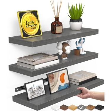 Imagem de BAYKA Prateleiras flutuantes para parede, prateleiras de madeira rústica montadas na parede para banheiro, quarto, sala de estar, cozinha, pequena prateleira suspensa para livros/armazenamento