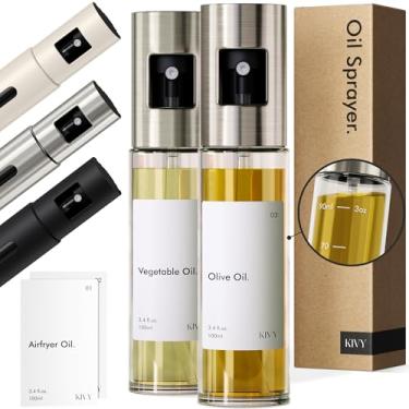 Imagem de KIVY Conjunto de 2 pulverizadores de óleo de vidro para cozinhar, saladas, churrascos e airfryer [com etiquetas] Spray inovador com controle de porção - frasco de spray de óleo - pulverizador de