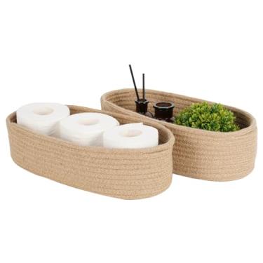 Imagem de Temary Cesta de papel higiênico, caixas de armazenamento estreitas de corda de algodão com alças, pacote com 2 cestas decorativas pequenas para organizar banheiro, quarto, sala de estar (juta, 33 x 15