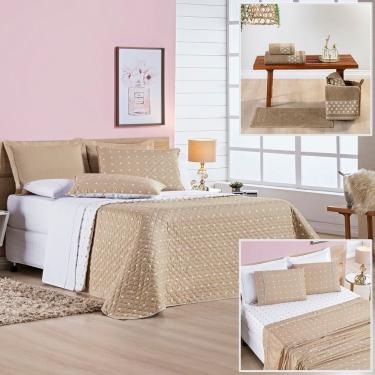 Imagem de Cobre Leito + Jogo de Cama Queen + Jogo de Banho Petit Poá 12 Peças 100% Poliéster - Caqui