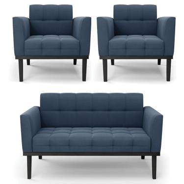 Imagem de Sofá Namoradeira E 2 Poltronas Base Madeira Preto Ana Suede Azul Marinho - Ibiza