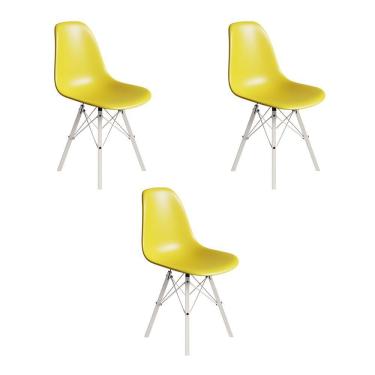 Imagem de Conjunto 3 Cadeiras Eames Estilo Moderno Em Ferro Branco Com Assento Amarelo
