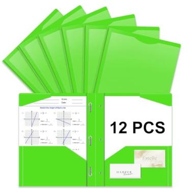 Imagem de Briartw Pasta de plástico resistente com garras para papel tamanho carta - pacote com 12 pastas de arquivo verde claro com bolso frontal transparente - 2 bolsos e 3 pontas, bem como 2 compartimentos