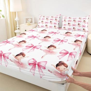 Imagem de Lindo lençol de cama com laço para meninos e meninas, decoração de quarto sonhador de princesa de balé, laço feminino, fantasia infantil, lençol com elástico, rosa e branco, 1 fronha (não plana)