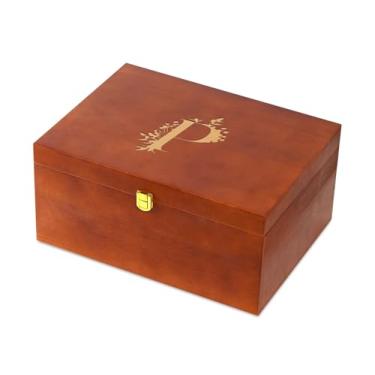 Imagem de InnoBeta Caixa de lembrança de presente personalizada, caixas de armazenamento de madeira, organizador decorativo com tampa para tesouro de memória, presentes iniciais para aniversário, Natal, P