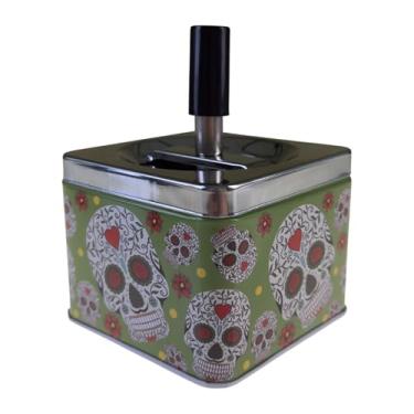 Imagem de Cinzeiro Com Tampa Basculante Giratória Reservatório Inox Sem Cheiro Quadrado Várias Estampas (Estampa Caveiras - MOD G, 2)