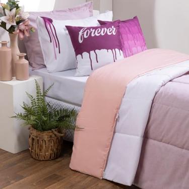 Imagem de Colorful Kit Edredom Solteiro Premium, 5 Peças, 400 Fios, com Fronhas Decorativas e Porta Travesseiro (Rosa)