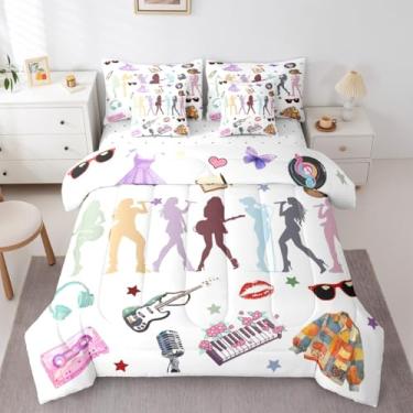 Imagem de Erosebridal Jogo de cama de 7 peças para crianças, meninas, mulheres, moderno, simples, branco, conjunto de edredom com estampa de cantor e guitarra e bola de discoteca
