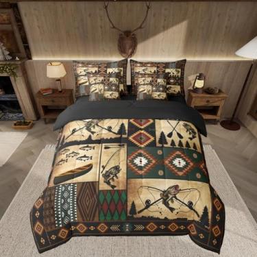 Imagem de Feelyou Conjunto de edredom solteiro com peixes, para crianças, meninos, meninas, 7 peças, temática de caça e vida selvagem, decoração rústica, marrom escuro, microfibra leve e macia