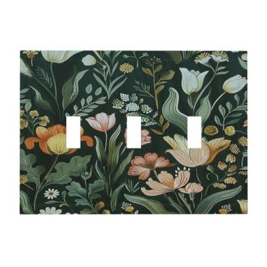 Imagem de DWBGUO Capa decorativa de placa de interruptor com design rústico de tulipas de folha de planta verde, placa de parede artística de 3 grupos, capa de interruptor de luz tripla exclusiva para decoração