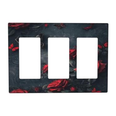 Imagem de Nadoabtm Capas de interruptor de luz vintage floral rosas vermelhas borboletas flor 3 gangues balancim elétrico GFCI decorativa placa de parede placa de parede placa de interruptor para decoração de