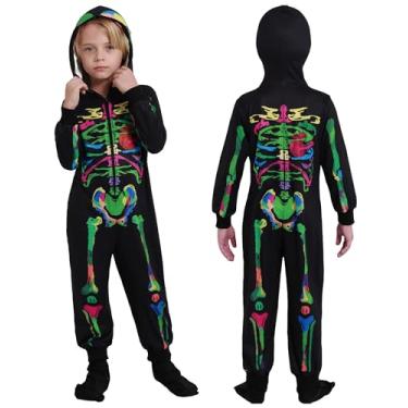 Imagem de Gyrategirl Boys Girls Halloween Skeleton Costume Unisex Comfy Zip Up Jumpsuit Skull Hoodie Cosplay Outfit for Kids
