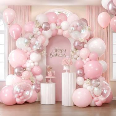 Imagem de Kit de arco de balão rosa e branco, guirlanda de balões rosa pastel com balões brancos foscos rosa metálico claro empoeirado e balões transparentes para decoração de festa de casamento de aniversário