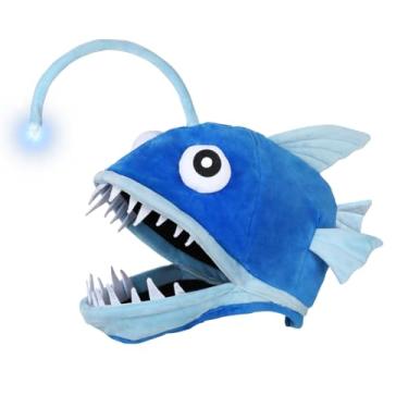 Imagem de Lrvcnva Chapéu de fantasia de peixe para crianças, chapéu de fantasia de peixe pescador iluminado para Halloween/festas temáticas/eventos de cosplay (infantil)
