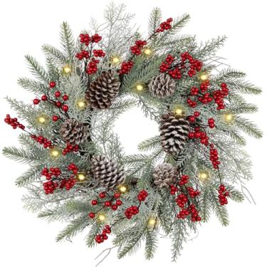 Imagem de Guirlanda de Natal pré-iluminada de 50,8 cm com guirlanda de inverno geada com pinho grande bagas vermelhas para decoração de casa