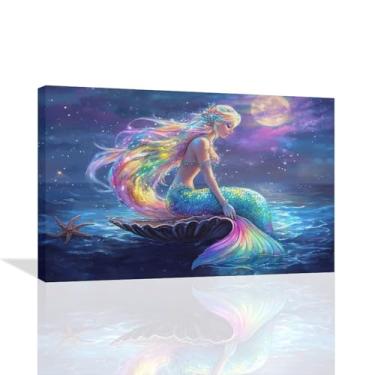 Imagem de Trimety Sereia arte de parede sereia decoração de parede noite lua tela cartaz imagens placas decorações para casa impressão pintura arte para meninas quarto banheiro quarto sala de estar cozinha