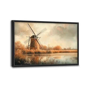 Imagem de Arte de parede de moinho de vento para sala de estar, decoração de parede grande em tela de moinho de vento holandês, pintura emoldurada de imagens de fazenda, arte moderna para banheiro quarto 91 cm
