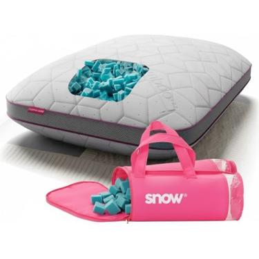 Imagem de Travesseiro Ajustável de Luxo com Flocos de Espuma Viscoelástica, Altura Regulável, Ortopédico com Enchimento Removível, Branco e Rosa, com Bolsa de Transporte