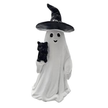 Imagem de HARUHI Adorável estátua de fantasma assustador linda decoração de Halloween para prateleira de mesa decoração de casa e jardim (fantasma com gato)