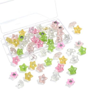 Imagem de 30 peças de tachinhas em forma de estrela, alfinetes decorativos de estrelas multicoloridas com caixa para quadro de avisos para quadro de cortiça, escritório, casa e escola, decoração de parede
