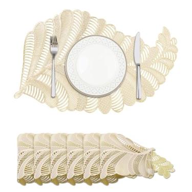 Imagem de Privalace Conjunto de 6 jogos americanos em forma de folha de PVC, 46 x 30 cm, tapetes de mesa prensados metálicos, lavável, antiderrapante, resistente ao calor e a manchas para festas internas e