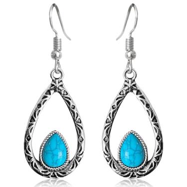 Imagem de unixmoment Brincos femininos boêmios vintage prateados com pingente de gota e gota turquesa feitos à mão com geometria oca, Large, Metal, Sem pedra preciosa