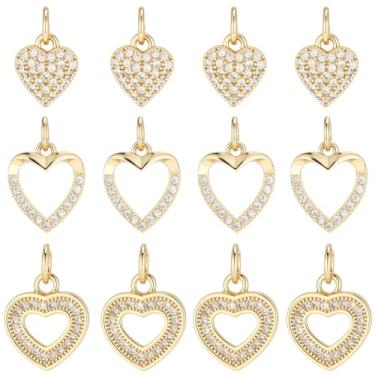 Imagem de Beebeecraft Pingentes de coração com pingente de 3 estilos, 12 peças, banhado a ouro 18 K, zircônia cúbica, pingente de coração vazado para fazer joias, pulseira, colar, brinco, artesanato DIY