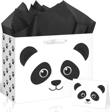 Imagem de Bolsa de presente de panda para crianças, meninos, meninas, presente de aniversário com papel de seda preto e cartão comemorativo, tema zoológico, saco de papel de embrulho para decoração de festa