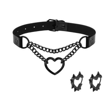 Imagem de Lyfange Conjunto de joias góticas para mulheres, colar de gargantilha de coração preto, brincos de argola de prata com pontas de coração ajustáveis em camadas gargantilhas gargantilhas punk