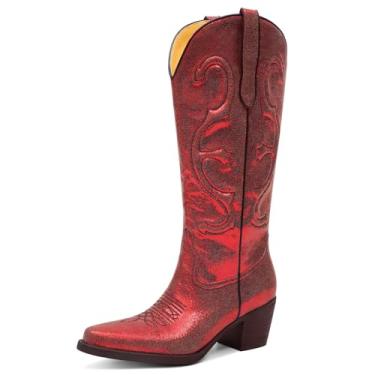 Imagem de GPXGPX Botas femininas caubói bordadas Cowgirl, cano médio, salto grosso, sem cadarço, botas ocidentais, Vermelho metálico, 41