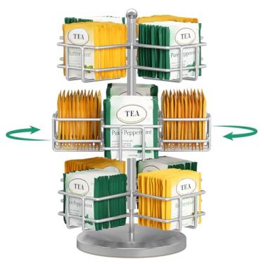 Imagem de EsLuker.ly Organizador de saquinhos de chá para balcão de 3 níveis, rack de armazenamento de saquinhos de chá, suporte de exibição de pacote de chá com carrossel giratório, estação organizadora de chá