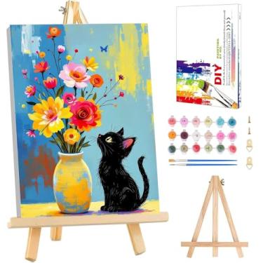 Imagem de Kit de pintura de gato por números para adultos iniciantes - cavalete de madeira, pintura de gato preto por números com moldura, kits de pintura de flores para adultos por números em tela, fácil