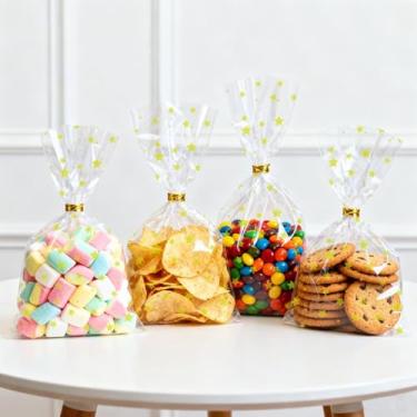 Imagem de 100 peças de sacos de presente transparentes de celofane impressos em estrela, 15 x 23 cm, tela de borda dobrada de 8,5 cm, equipada com laços torcidos, podem ser selados novamente, adequados para