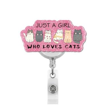 Imagem de Carretel de crachá retrátil Just a Girl Who Loves Cats, presente para mãe de gato, suporte de crachá fofo com clipe jacaré para amantes de gatos, irmãs amigas, melhores colegas de trabalho