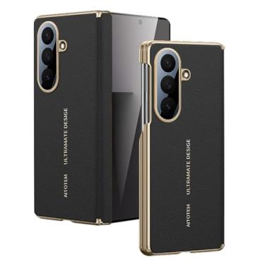 Imagem de FWYANZH Capa de couro para Samsung Galaxy Z Fold 7, capa traseira magnética para celular, proteção da dobradiça da câmera, borda dourada galvanizada, capa executiva, preta, dobra 7