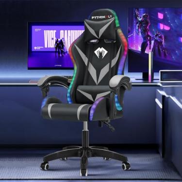 Imagem de Cadeira Gamer RGB Python Fly com Iluminação Decorativa, Encosto Reclinável, Design Ergonômico para Escritório e Jogos (Cinza)