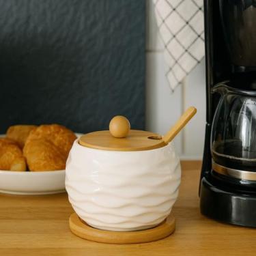 Imagem de Açucareiro Saleiro Meleira 350ml em Cerâmica com Tampa e Colher de Bambu Armazenamento Seguro e Funcional (Branco)