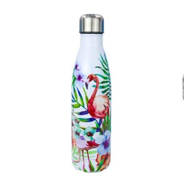 Imagem de Garrafa Térmica de Aço Inoxidável, 500ml, Branco com Estampa Flamingo, Tampa Rosqueável, Parede Dupla Isolamento a Vácuo, 27cm x 7cm