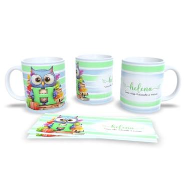 Imagem de Caneca Personalizada com Coruja e Letra A, Porcelana, Design Educacional, Uma Vida Dedicada a Ensinar, Listras Pastéis (h)