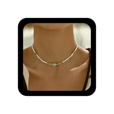 Imagem de Xduargs Colar de contas de sementes boho com contas de arroz branco, colares de corrente de contas de sementes minúsculas, colar havaiano, verão, praia, joias, joias para mulheres