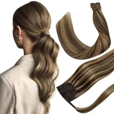 Imagem de Hetto Cabelo humano em destaque loiro com rabo de cavalo 45,72 cm 80 g extensão de rabo de cavalo cabelo humano marrom destaque Loiro Magic Paste Extensões de cabelo rabo de cavalo