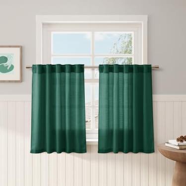 Imagem de Cortina de linho verde escuro café 76 cm de comprimento privacidade filtragem de luz semitransparente porta frontal pequena cortina traseira bolso haste cortinas curtas plissadas para banheiro cozinha