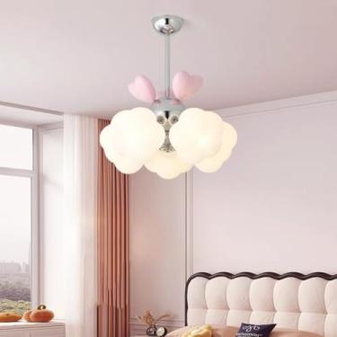 Imagem de Luminária pendente creme que cuida dos olhos - Design moderno, minimalista, aconchegante e criativo | Dupla utilização para quarto infantil, quarto de princesa e escritório (Tipo B-5 lâmpada