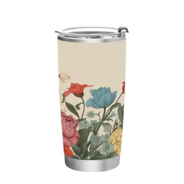 Imagem de Blueangle Copo de 590 ml com tampa e canudo, copo de café com água isolada a vácuo de aço inoxidável, caneca de viagem floral colorida copo térmico para bebidas quentes e frias (938)